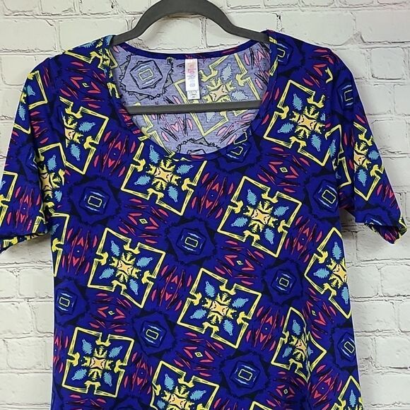 LuLaRoe Perfect T XS 4/6/8/10 Knit Tee Blue Neon Tribal Print Shirt Swing Top - Picture 2 of 10